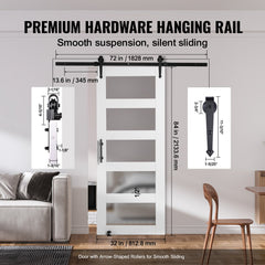 Barn Door and Hardware Kit, 32" x 84" Wood and Glass Sliding Barn Door, Smoothly and Quietly, Barn Door Kit with 8-in-1 Floor Guide and Door Handle, Spruce Wood Slab and Frosted Glass