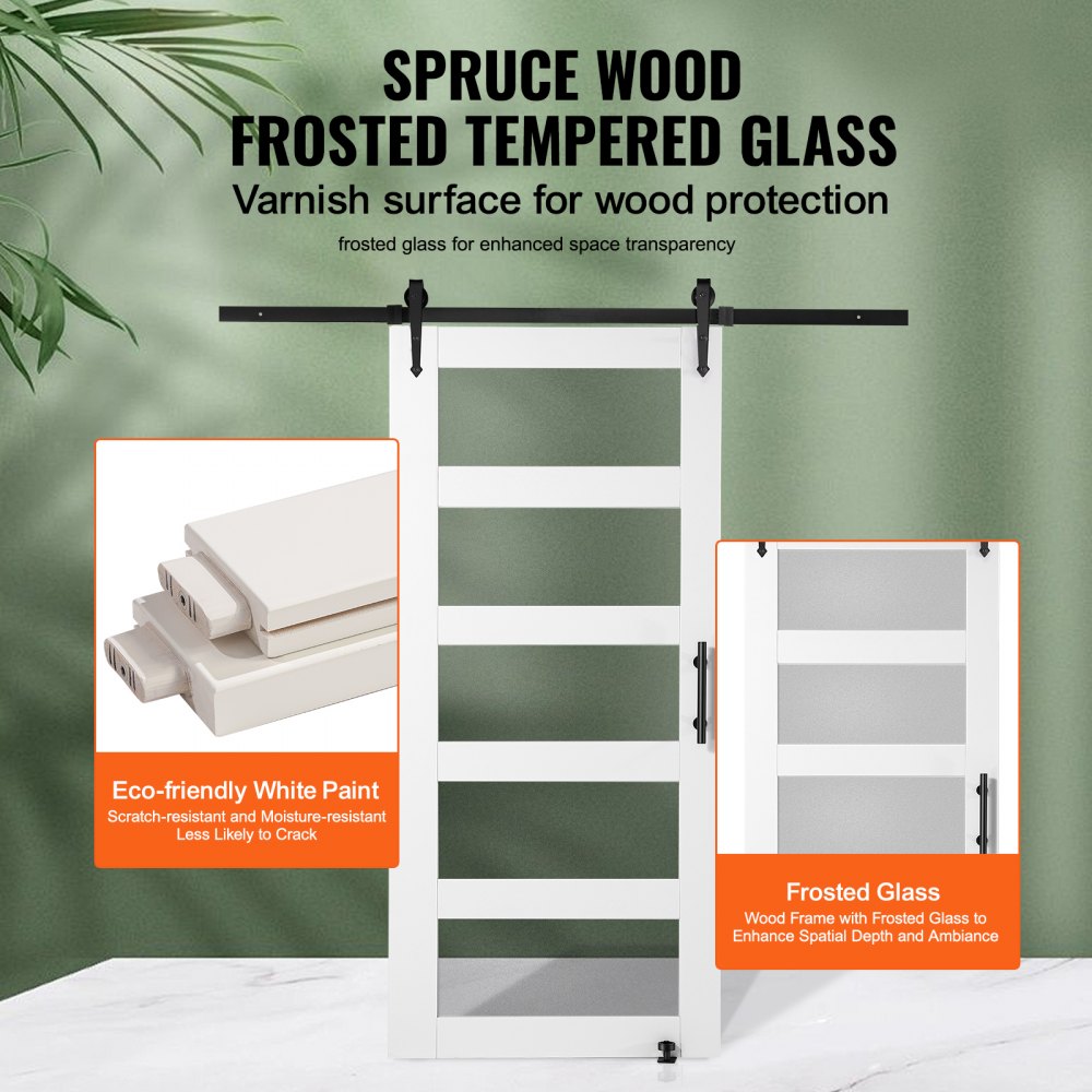 Barn Door and Hardware Kit, 42" x 84" Wood and Glass Sliding Barn Door, Smoothly and Quietly, Barn Door Kit with 8-in-1 Floor Guide and Door Handle, Spruce Wood Slab and Frosted Glass