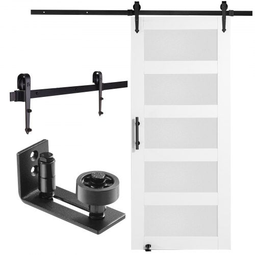 Barn Door and Hardware Kit, 36" x 84" Wood and Glass Sliding Barn Door, Smoothly and Quietly, Barn Door Kit with 8-in-1 Floor Guide and Door Handle, Spruce Wood Slab and Frosted Glass