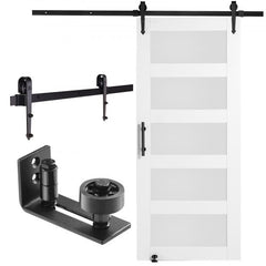 Barn Door and Hardware Kit, 36" x 84" Wood and Glass Sliding Barn Door, Smoothly and Quietly, Barn Door Kit with 8-in-1 Floor Guide and Door Handle, Spruce Wood Slab and Frosted Glass