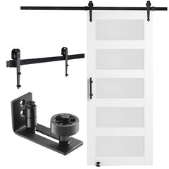 Barn Door and Hardware Kit, 36" x 84" Wood and Glass Sliding Barn Door, Smoothly and Quietly, Barn Door Kit with 8-in-1 Floor Guide and Door Handle, Spruce Wood Slab and Frosted Glass