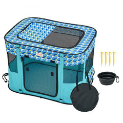 Blue foldable portable dog playpen, 32x24x22 inches, with mesh panels, stakes, and bowls.