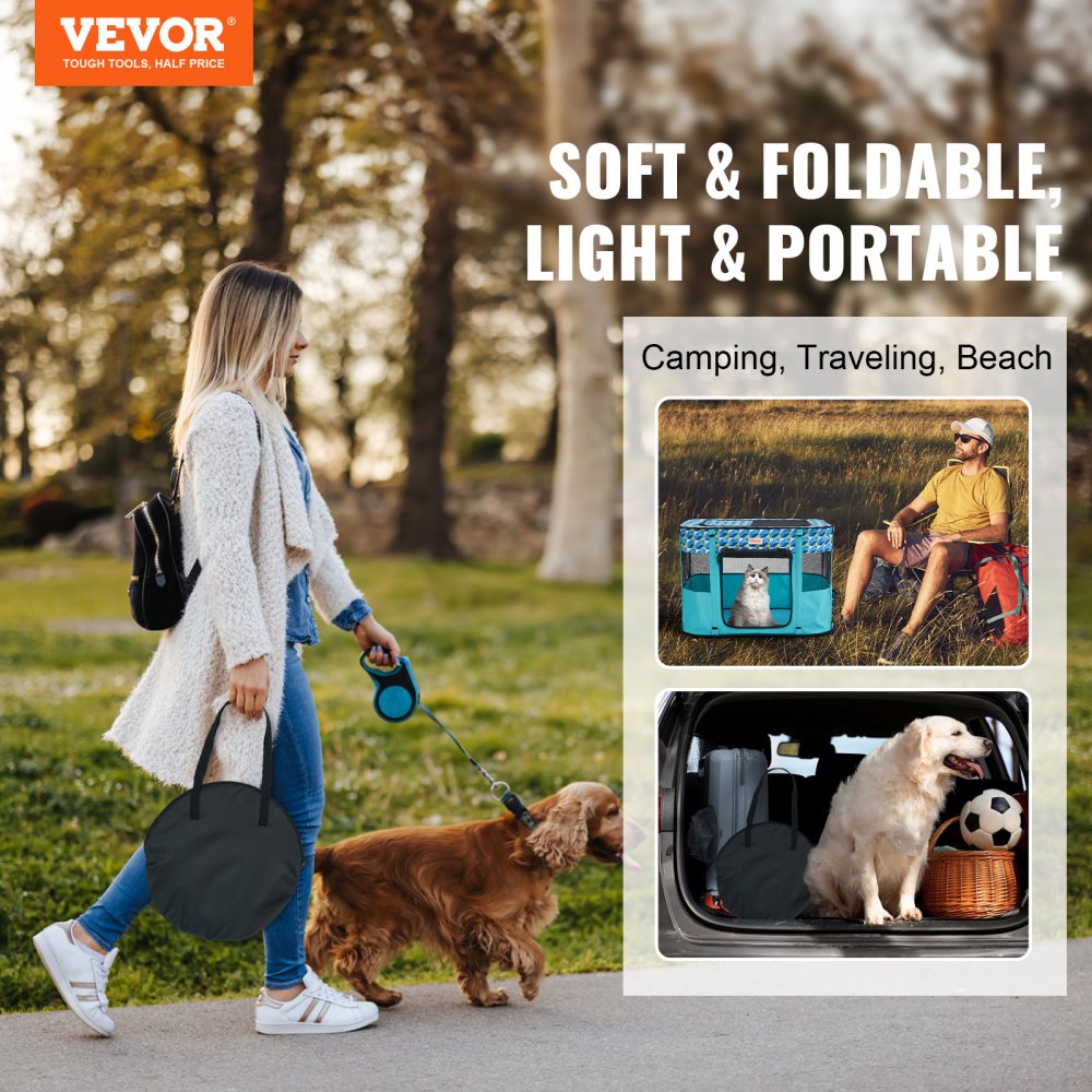 A woman walks a dog while carrying a folded black dog playpen; inset shows the teal rectangular 32x24x22 inch playpen set up with a dog inside and in a car.