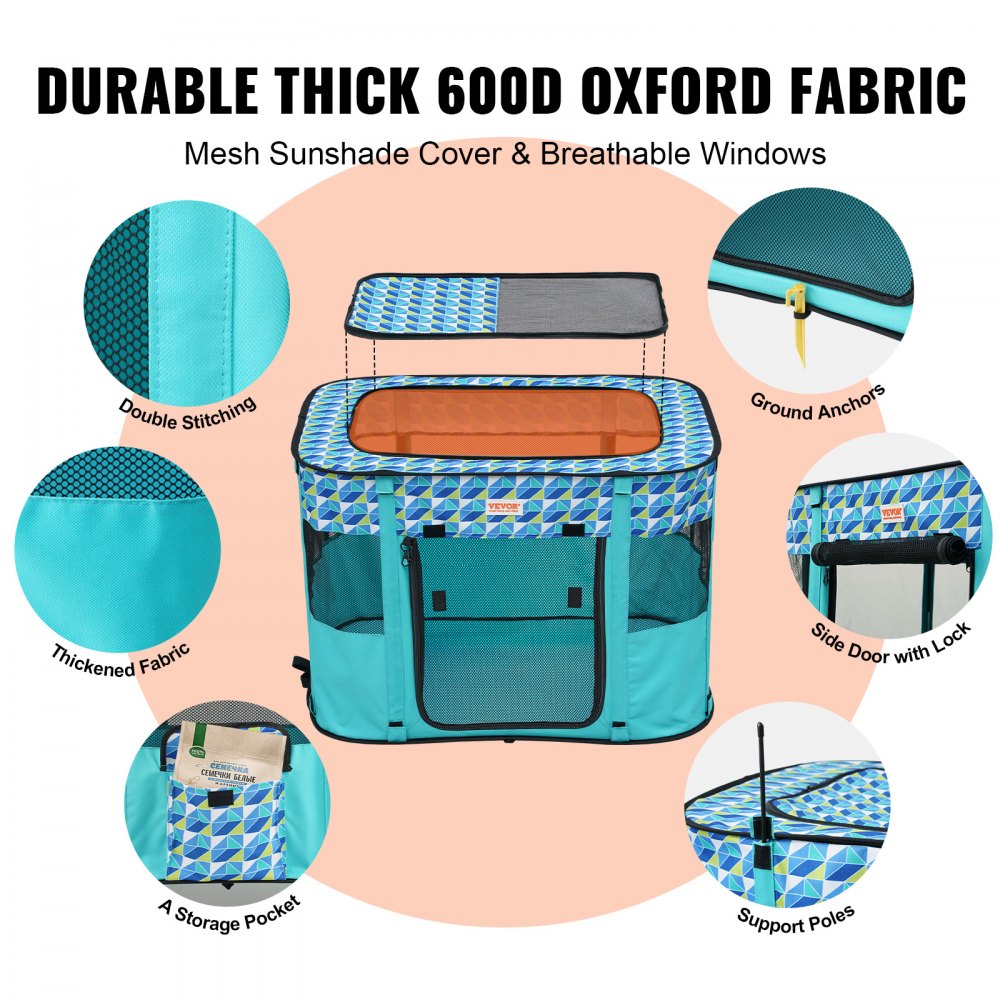 Foldable rectangular dog playpen, 32x24x22 inches, with mesh panels and storage pockets.