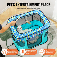 Foldable portable dog playpen in teal with geometric pattern, 32x24x22 inches, featuring mesh panels and a toy.