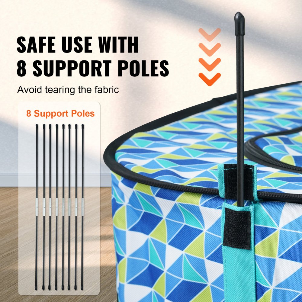 Foldable rectangular dog playpen with 8 support poles and blue patterned fabric.