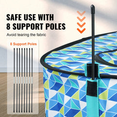 Foldable rectangular dog playpen with 8 support poles and blue patterned fabric.