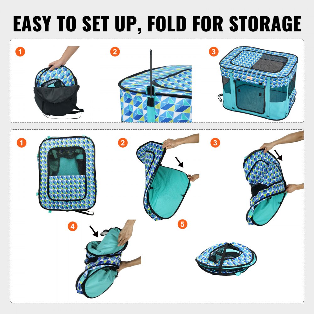 Foldable portable dog playpen in blue, shown in setup steps from folded to rectangular 32x24x22 inch frame.