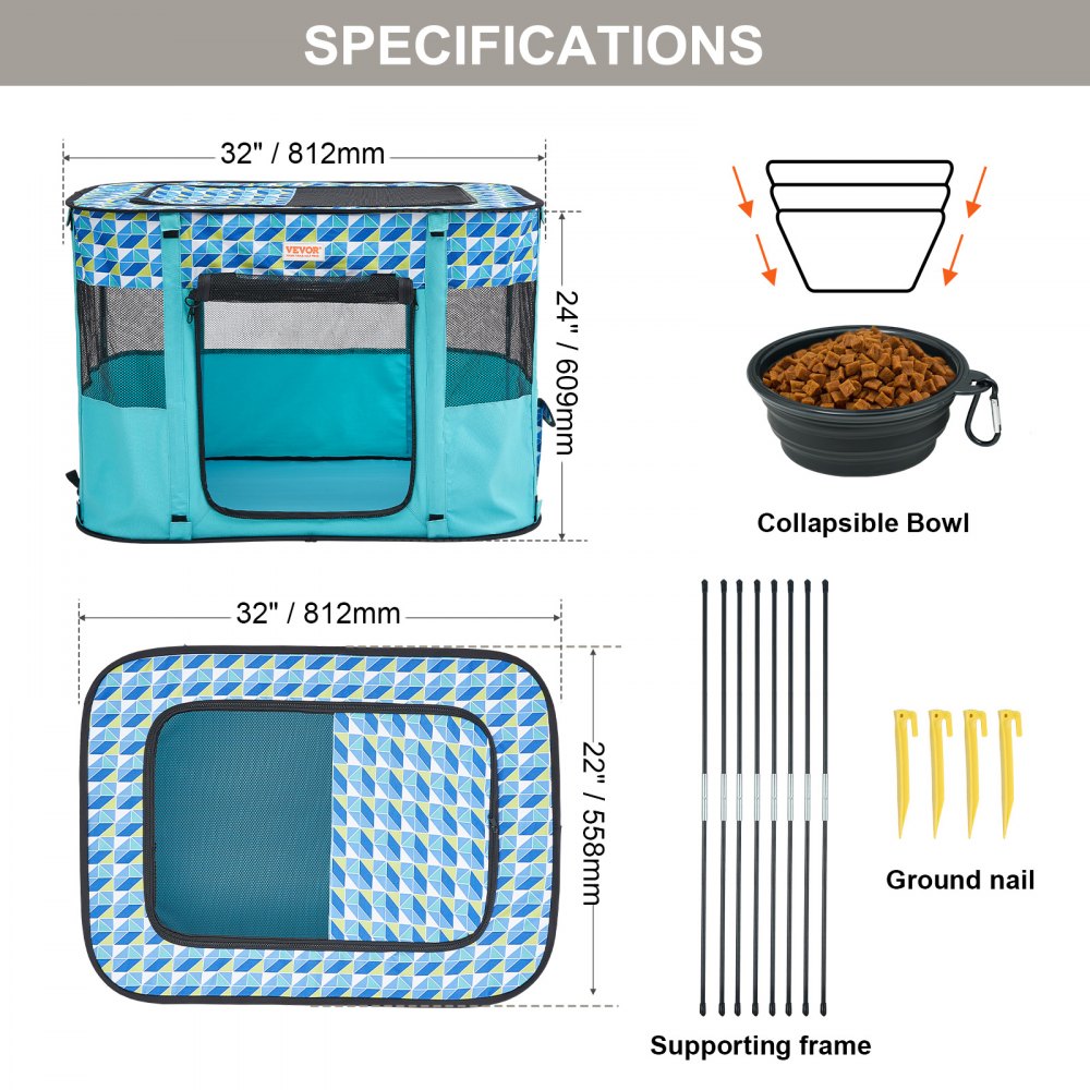 Diagram of Bostome 32x24x22 inch foldable dog playpen with dimensions, collapsible bowl, and stakes.
