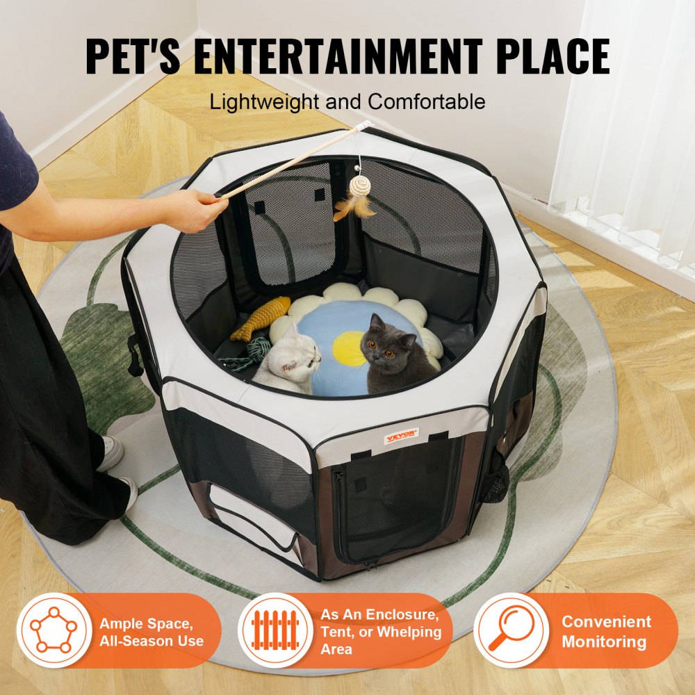 Octagonal foldable pet playpen made of waterproof 600D Oxford fabric with mesh panels.