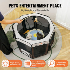 Octagonal foldable pet playpen made of waterproof 600D Oxford fabric with mesh panels.