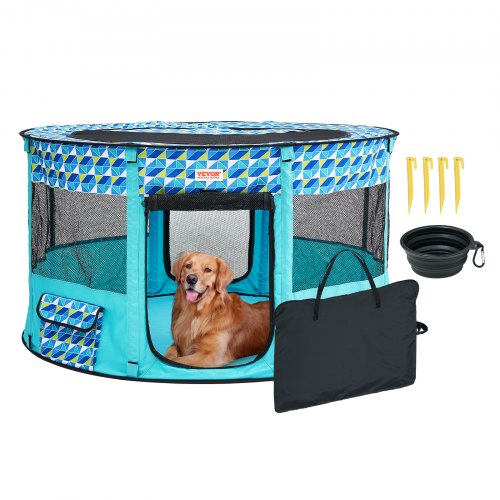 Blue foldable round pet playpen with golden retriever inside, mesh panels, carrying bag, bowls, and stakes.