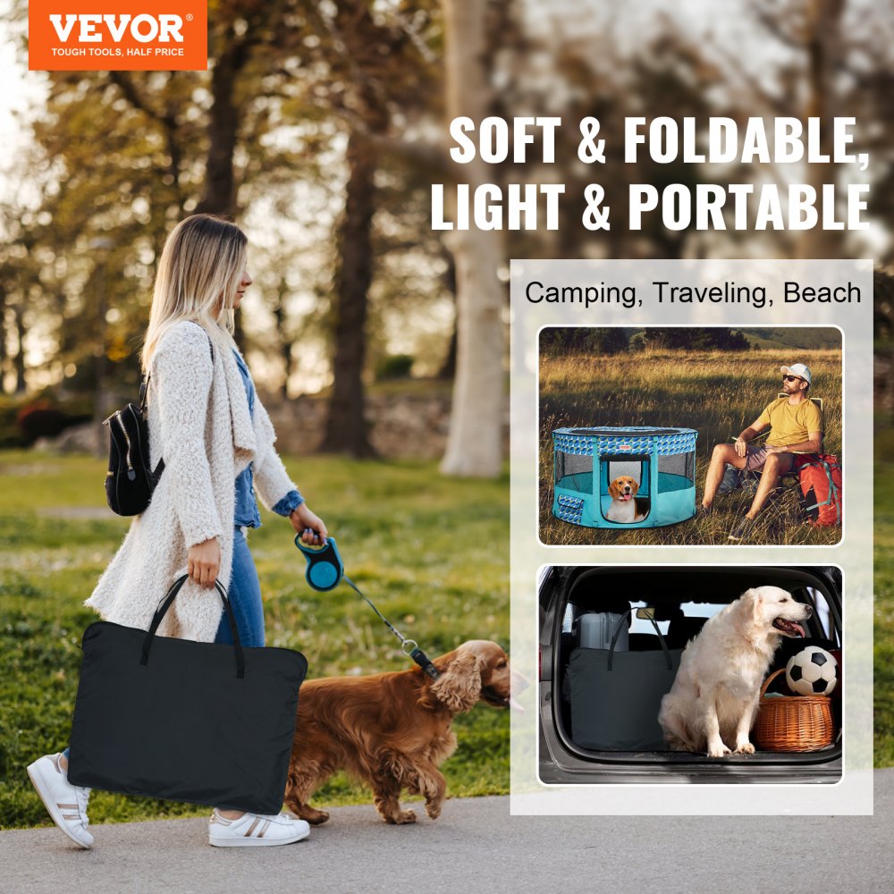 A woman walks two dogs near a park with a foldable round pet playpen, shown in use for camping and car travel.