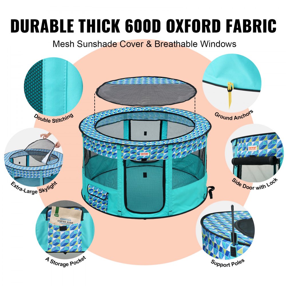 Foldable round pet playpen in teal with mesh panels, waterproof Oxford fabric, and storage pockets.