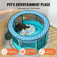 A foldable round pet playpen in blue with mesh panels, containing two cats playing inside.