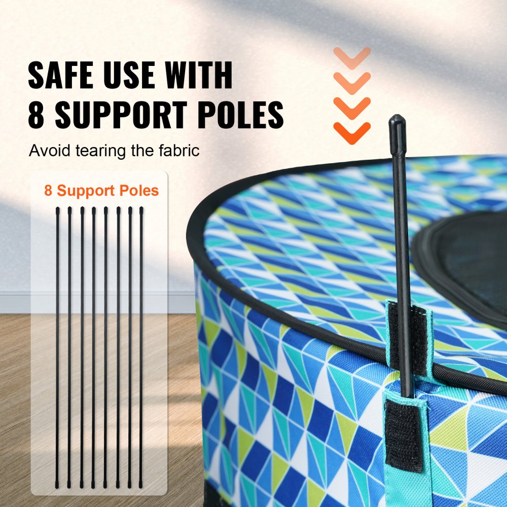 Foldable round pet playpen with blue geometric fabric, 8 support poles, and waterproof design.