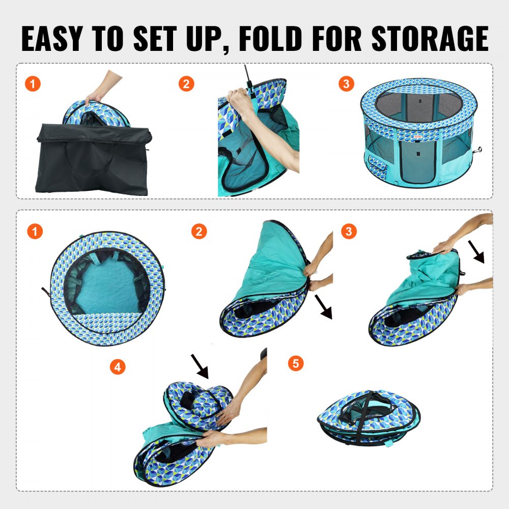 Step-by-step illustration of setting up the foldable round pet playpen in blue with mesh panels.