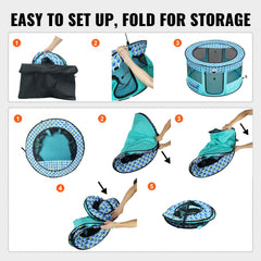 Step-by-step illustration of setting up the foldable round pet playpen in blue with mesh panels.