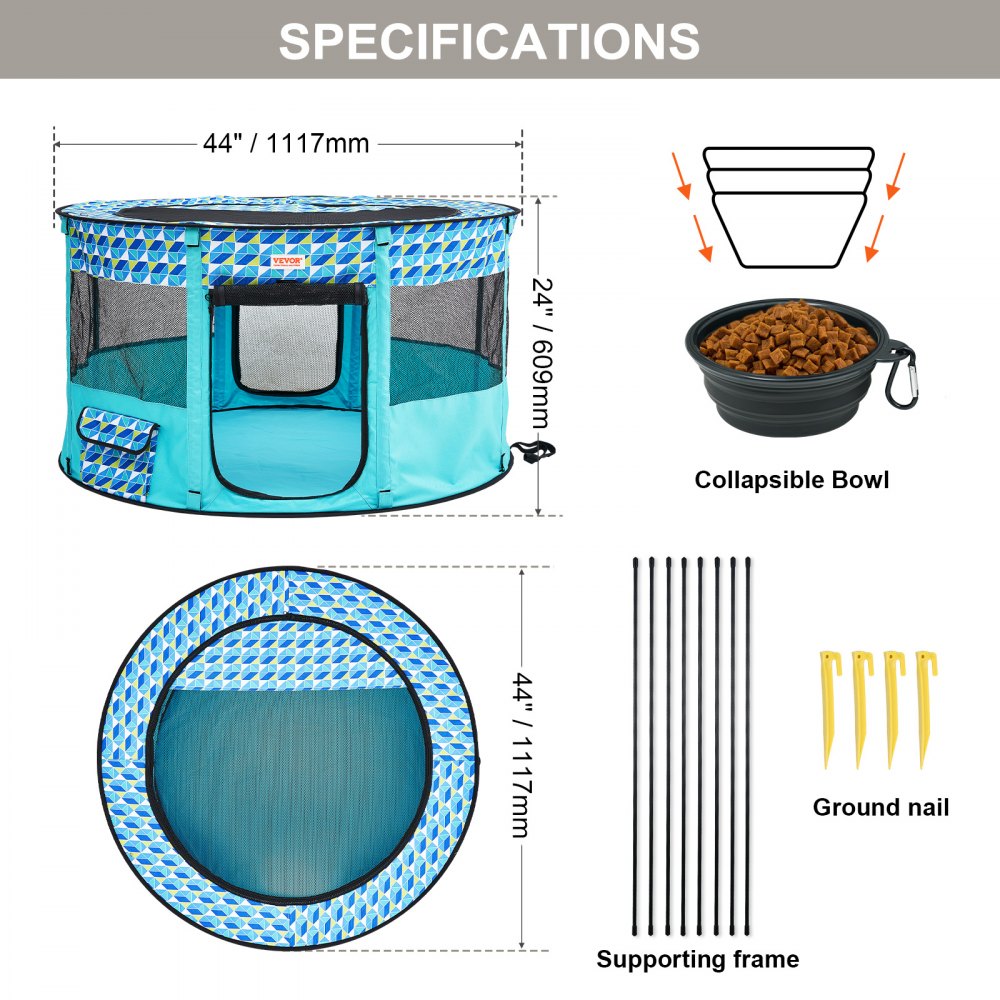 Foldable round pet playpen in blue Oxford fabric, 44x44x24 inches, with mesh panels, collapsible bowl, and ground stakes.