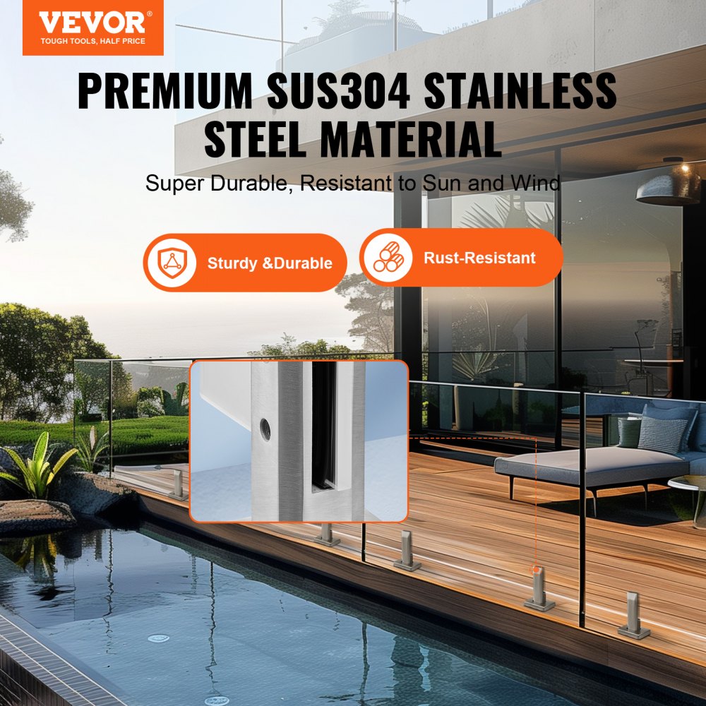 Ten Bostome square glass clamps made of 304 stainless steel for secure railing installations.