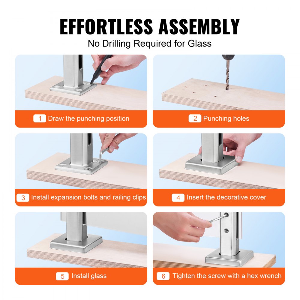Ten Bostome square glass clamps made of 304 stainless steel for secure railing installations.