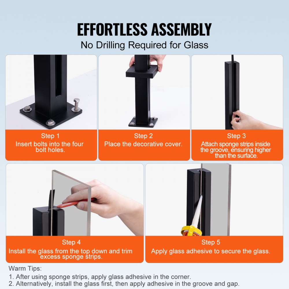 Glass Clamp, 41.34" Height Glass Railing Bracket for 0.39 "-0.47 " Thickness Tempered Glass, 304 Stainless Steel Glass Mounting Clamp, Glass Shelf Bracket for Balcony, Garden, Deck, Stair, Black