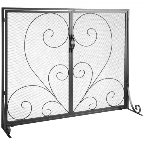 39x31.6 inch black iron mesh fireplace screen with double doors and scrollwork design.
