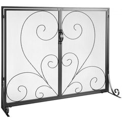 39x31.6 inch black iron mesh fireplace screen with double doors and scrollwork design.