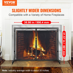 39x31.6 inch iron mesh fireplace screen with doors, shown in front of a burning hearth.