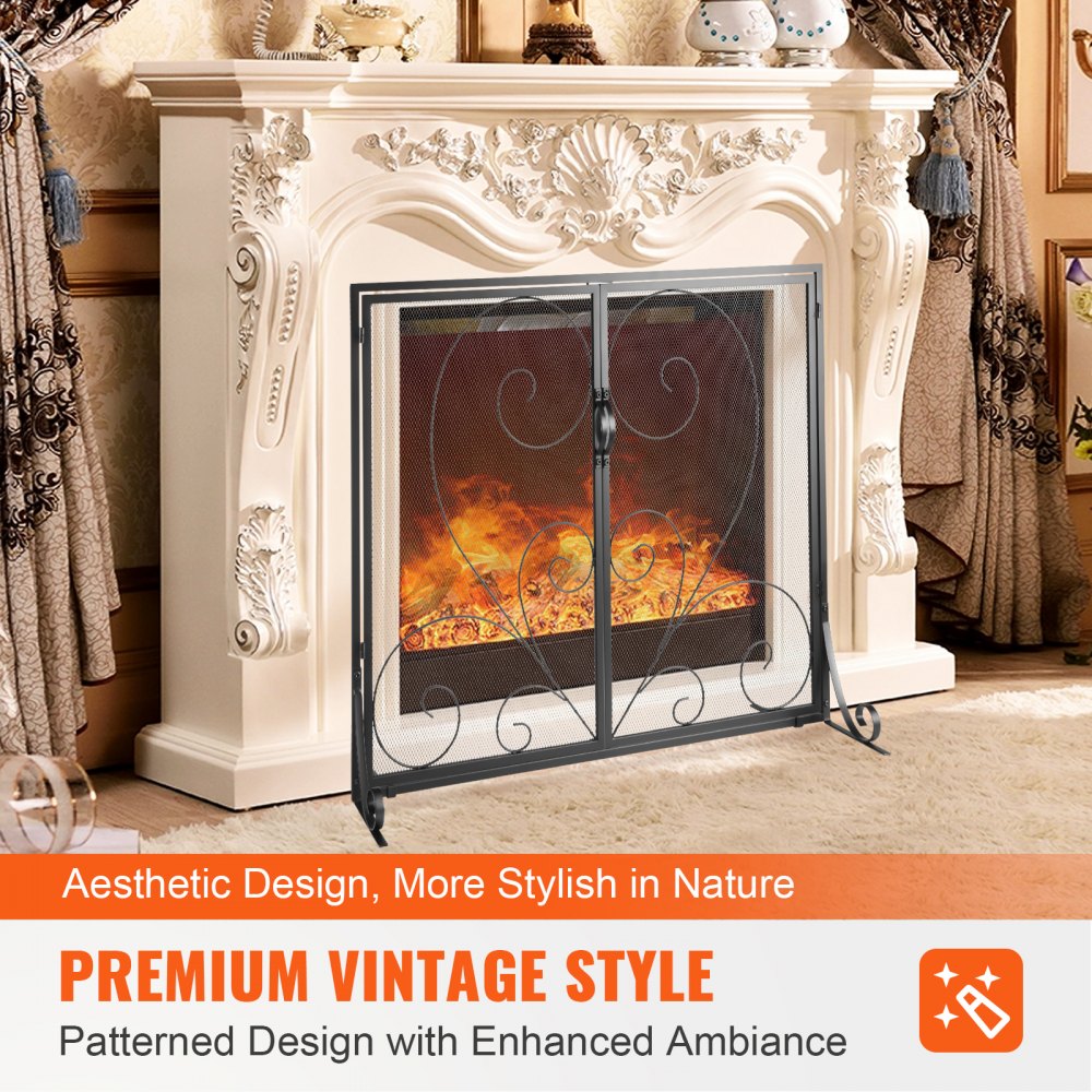 39x31.6-inch iron mesh fireplace screen with doors in vintage style.