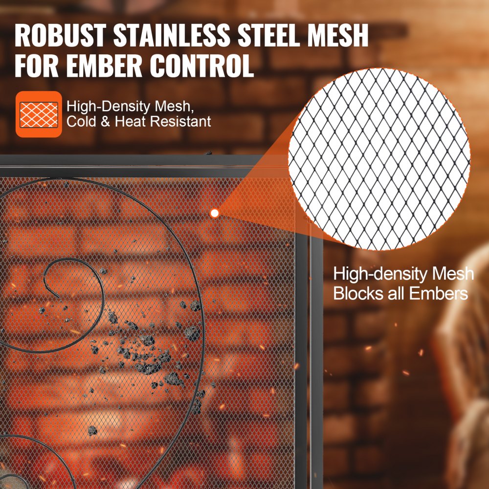 39x31.6-inch iron mesh fireplace screen with door and high-density ember-blocking mesh.