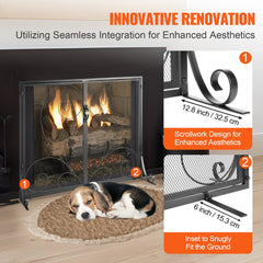 Black iron mesh fireplace screen with doors, 39x31.6 inches, protecting flames and dog.