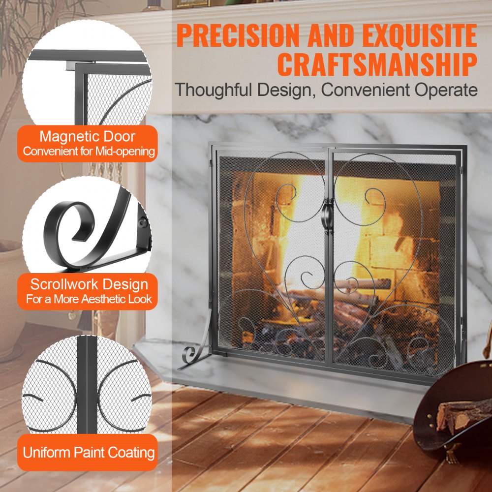 39x31.6-inch iron mesh fireplace screen with magnetic doors and black frame.