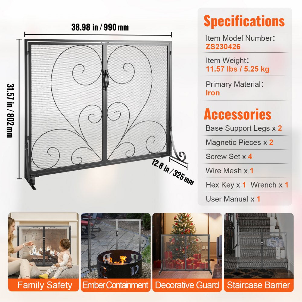 39x31.6 inch iron mesh fireplace screen with swinging door and black frame.