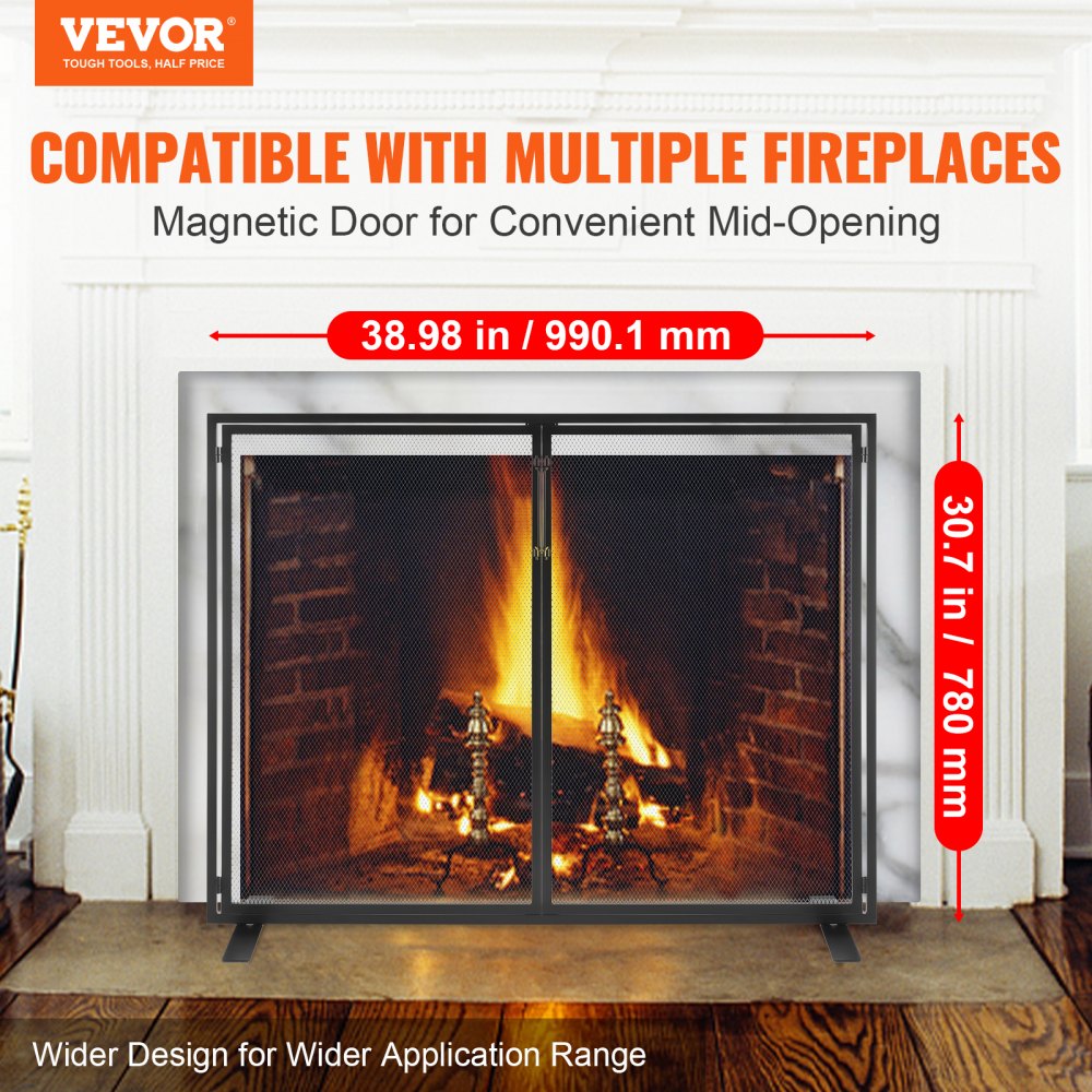 Black iron fireplace screen with door, featuring a sleek design and high-density mesh.