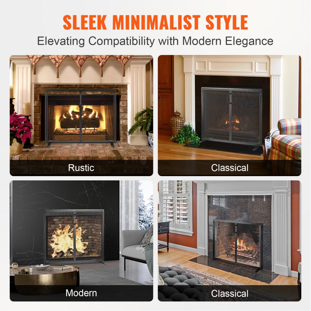 Black iron fireplace screen with a door, featuring a sleek design and high-density mesh.