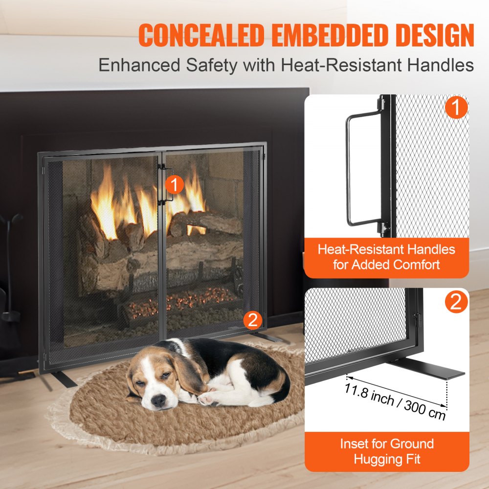 Black iron fireplace screen with a door, featuring a mesh design for ember protection.