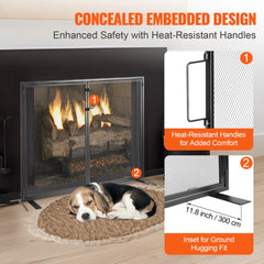 Black iron fireplace screen with a door, featuring a mesh design for ember protection.