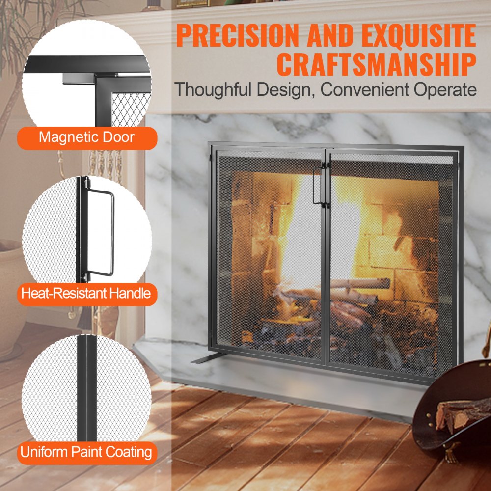 Black iron fireplace screen with door, featuring a sleek design and high-density mesh for safety.