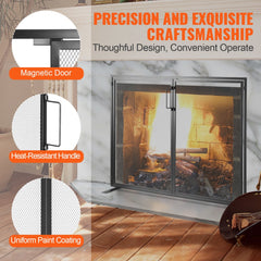 Black iron fireplace screen with door, featuring a sleek design and high-density mesh for safety.