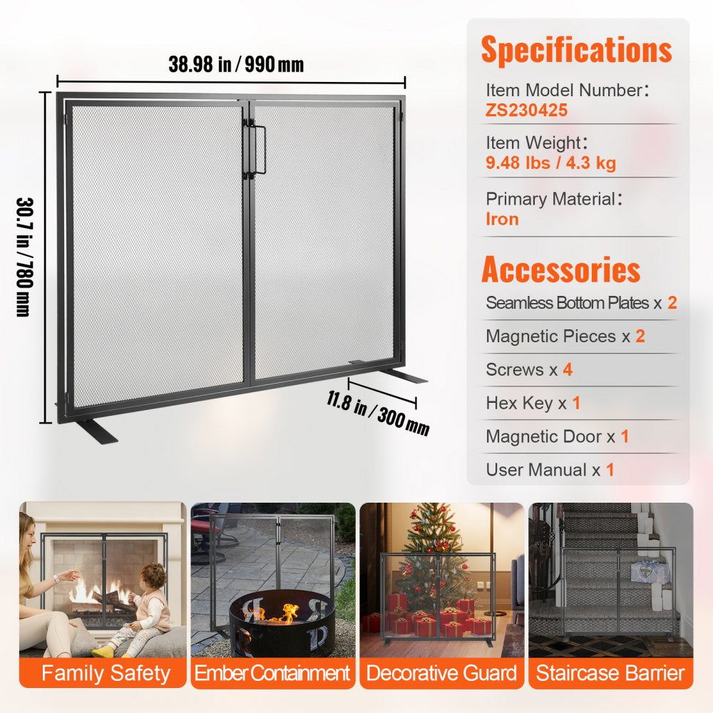 Black iron fireplace screen with a door, featuring a sleek design and high-density mesh.