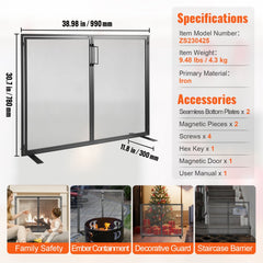 Black iron fireplace screen with a door, featuring a sleek design and high-density mesh.