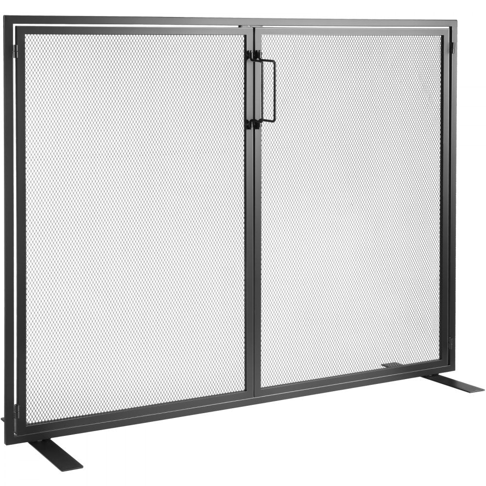 Black iron fireplace screen with a door, featuring a mesh design for ember protection.