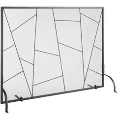 Black iron mesh fireplace screen with a single panel and split leg stability design.