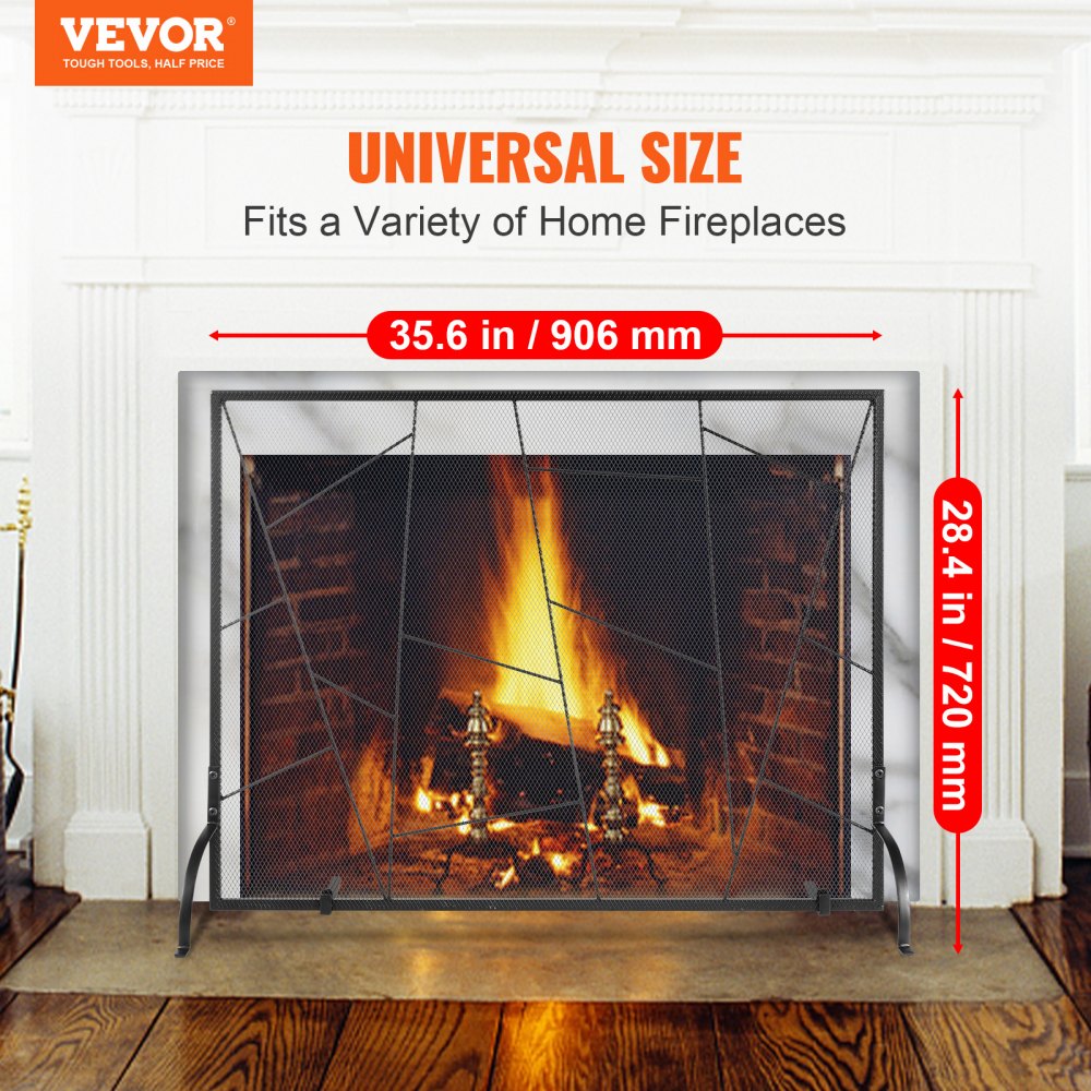 Black iron mesh fireplace screen with a single panel design and split leg stability.