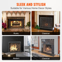 Black iron mesh fireplace screen with a single panel design for spark protection.