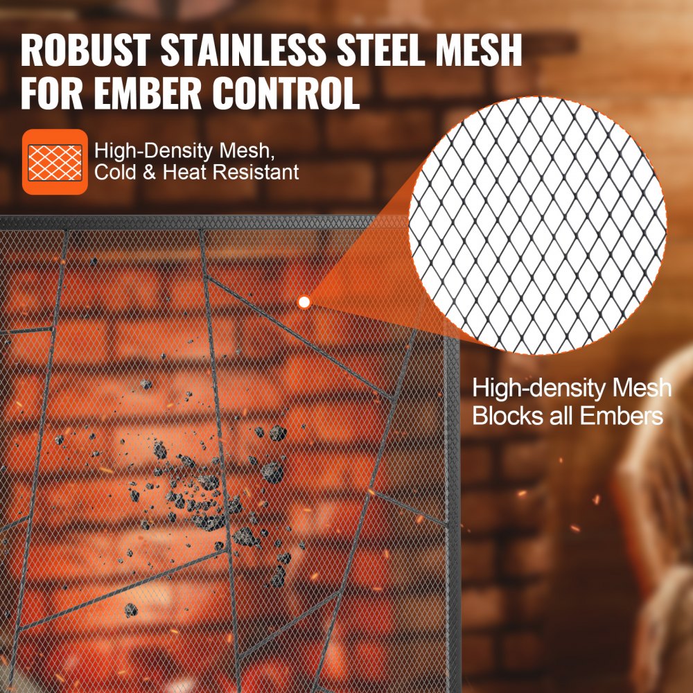 Black iron mesh fireplace screen with a single panel design for spark protection.