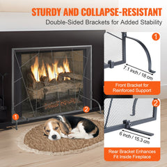Black iron mesh fireplace screen with a single panel design for spark protection.