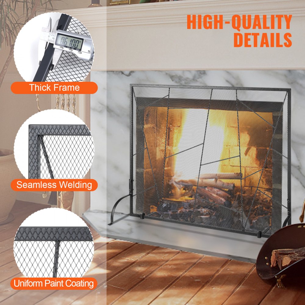 Black iron mesh fireplace screen with a single panel design for safety and elegance.