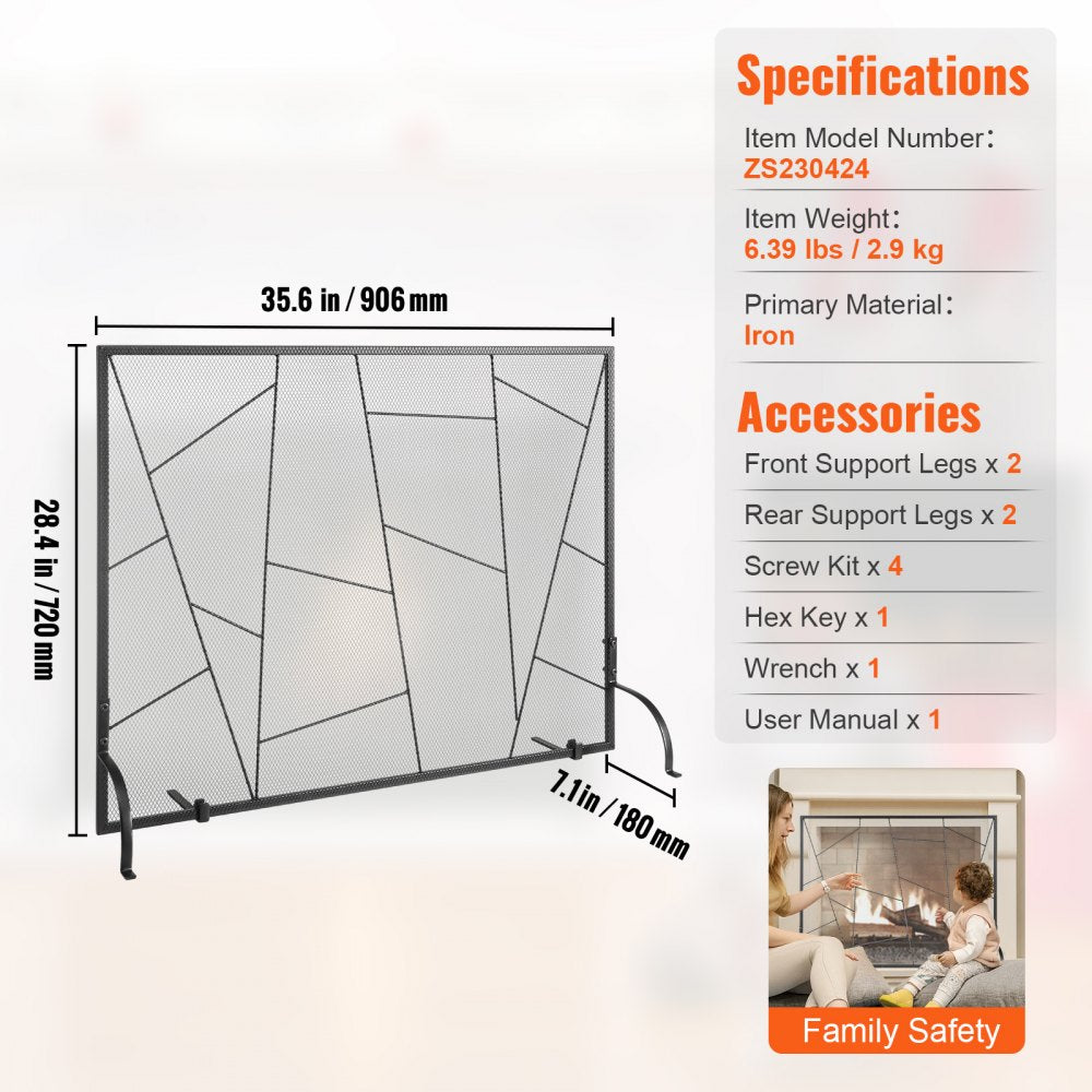 Black iron mesh fireplace screen with a single panel design for safety and elegance.